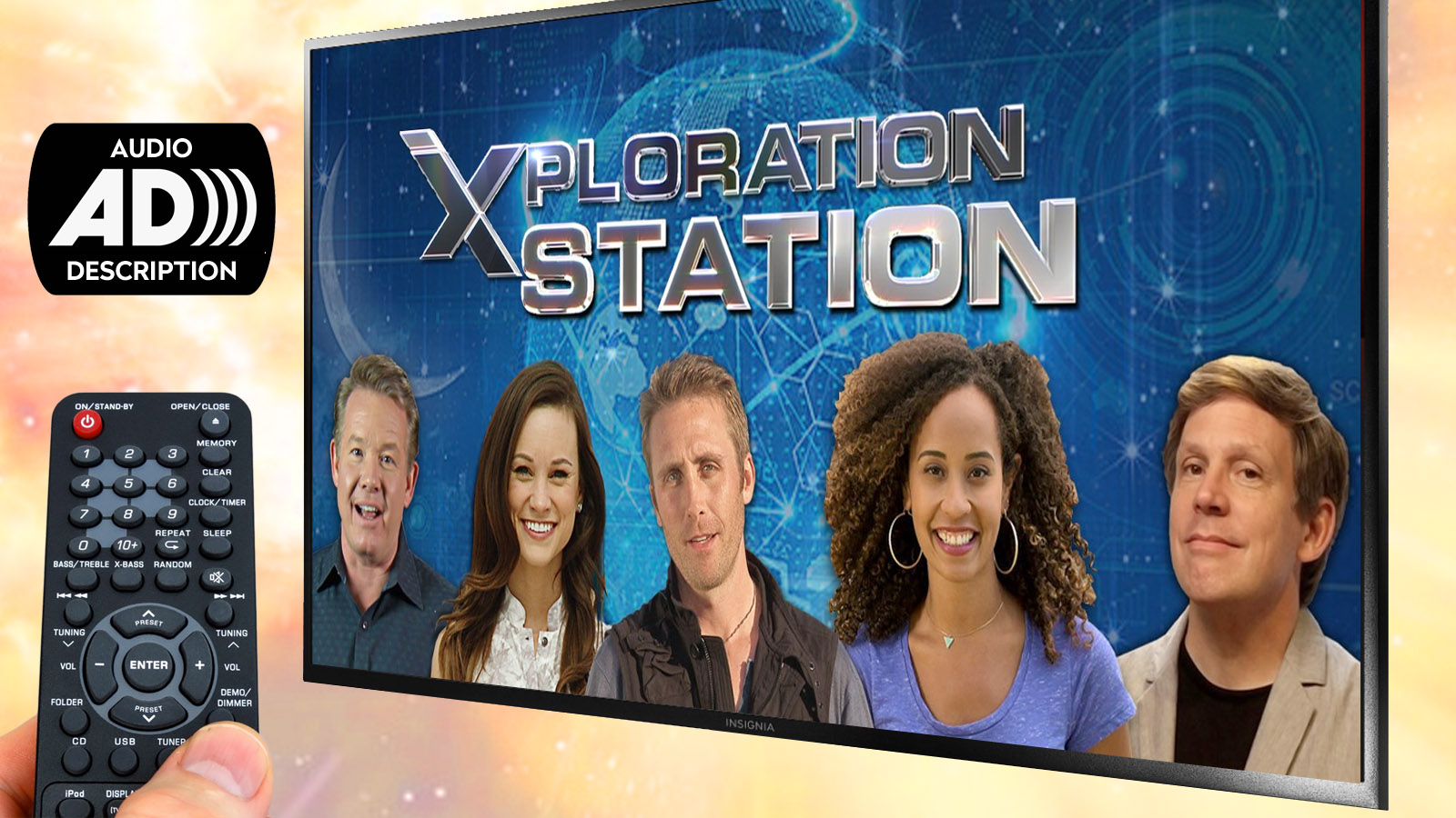 A screen showing Xploration Station with an icon that says Audio Description and a remote control pointing at it